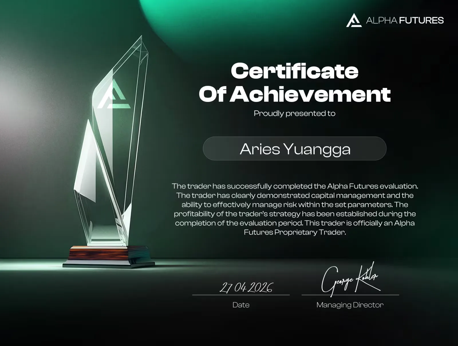 Alpha Futures certificate of achievement for Aries Yuangga
