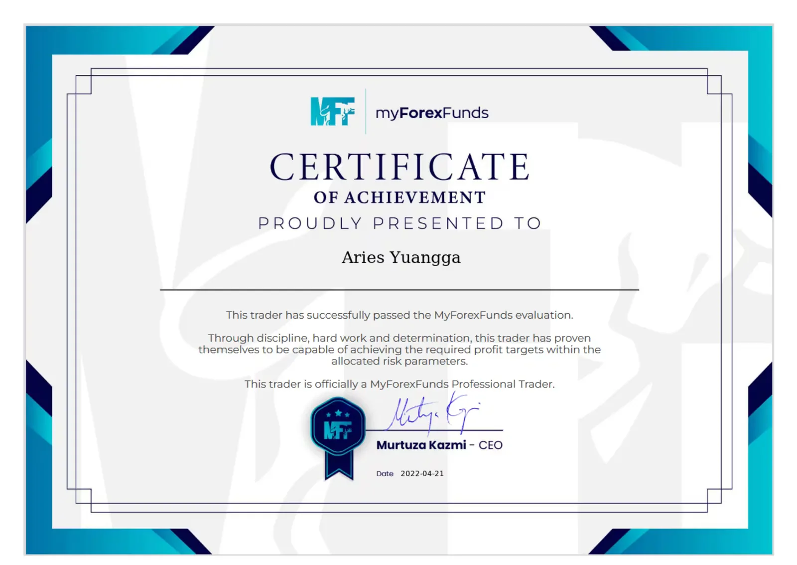 MyForexFunds certificate of achievement for Aries Yuangga